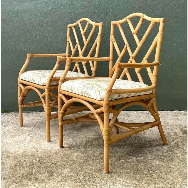 Vintage Coastal Chinese Chippendale Rattan Armchairs – A Pair For Sale - Image 10 of 12
