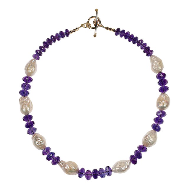 Ajd 17 Inch White Freshwater Pearl and Sparkling Amethyst Necklace For Sale