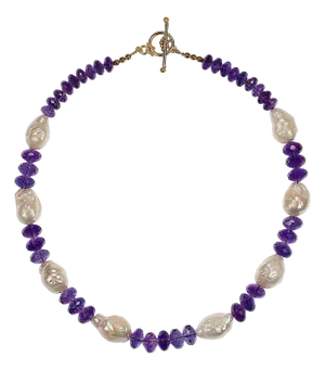 Ajd 17 Inch White Freshwater Pearl and Sparkling Amethyst Necklace