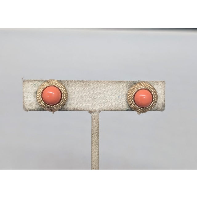 Ciner Vintage Signed Ciner Round Goldtone Cabochon Faux-Coral Clip Earrings-2 Pieces For Sale - Image 4 of 8