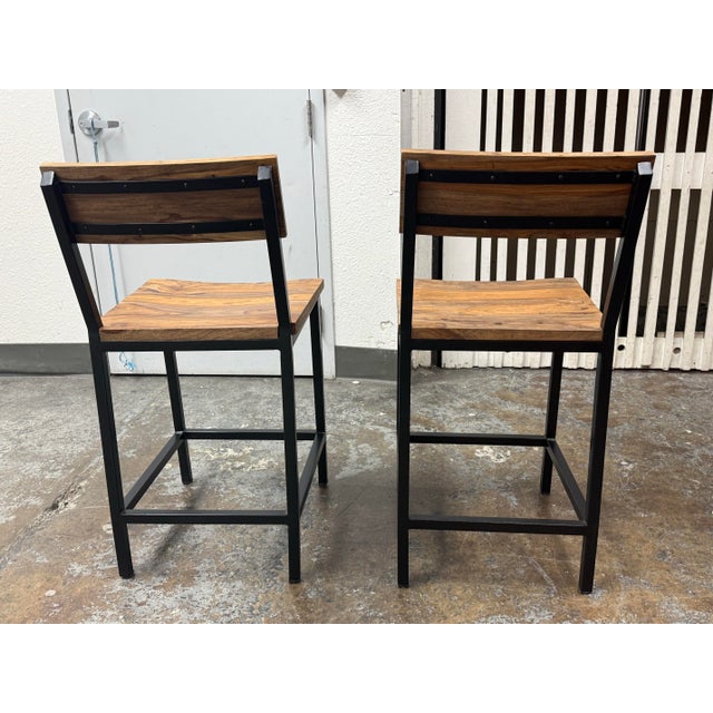 2020s Industrial Acacia Wood + Metal Barstools, Pair For Sale - Image 5 of 12