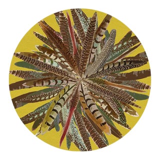 Nicolette Mayer Pheasant Feathers Yellow 16" Round Pebble Placemats, Set of 4 For Sale