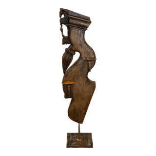 Vintage Indian Carved Wood Architectural Fragment on Iron Candle Stand For Sale