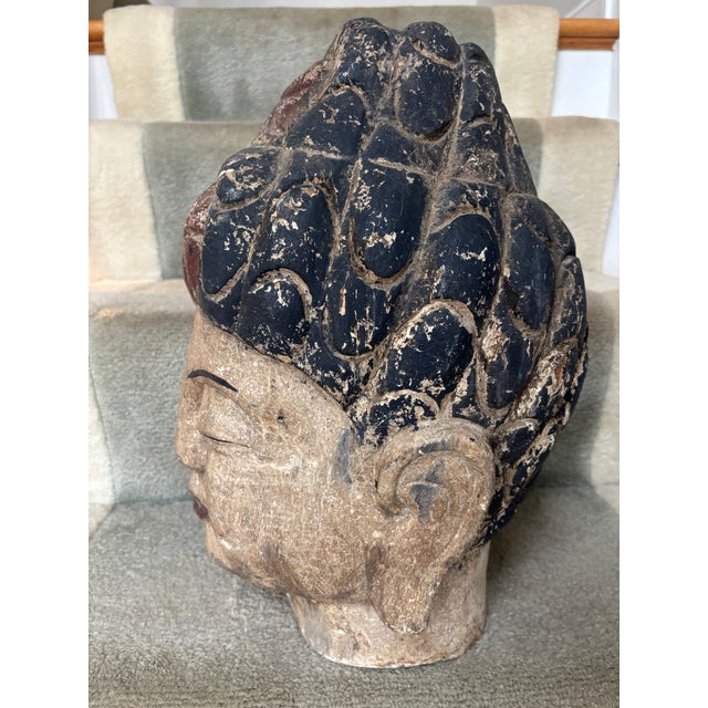 Carved and Polychromed Wooden Buddha Head For Sale - Image 4 of 11