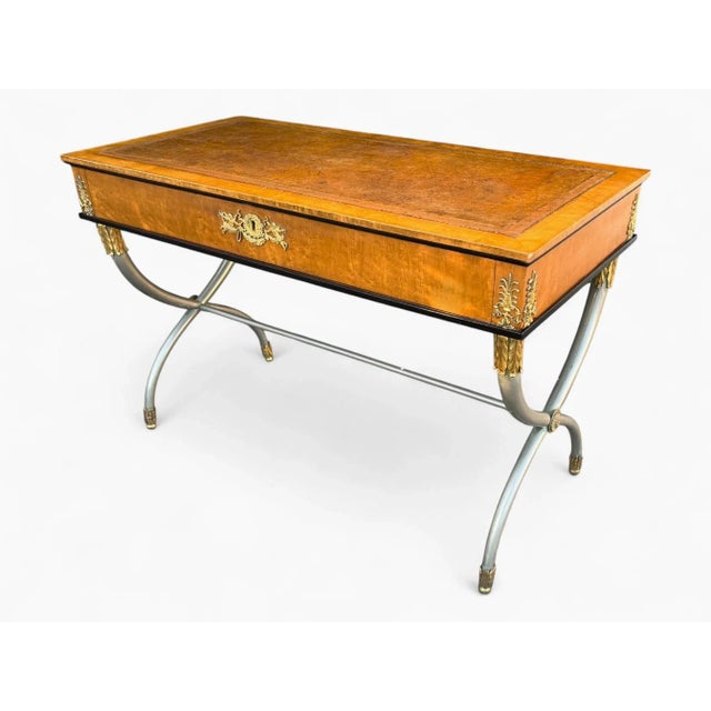 Refined Neoclassical French Empire Desk With Leather Top and Sculptural X Base For Sale - Image 4 of 18