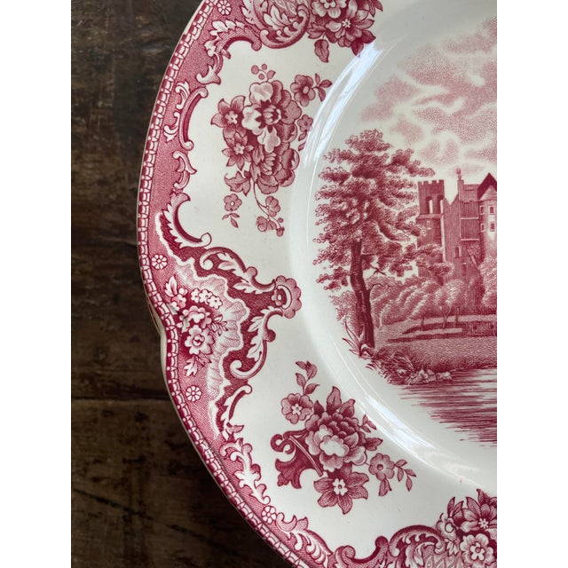 Campaign Vintage English Pink Transferware Dinner Plates in Old Britain Castles - Set of 7 For Sale - Image 3 of 12