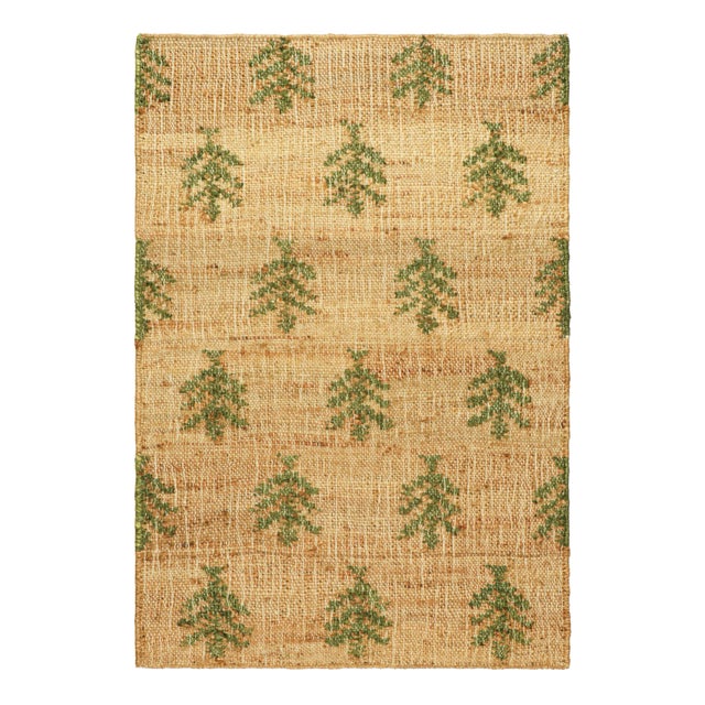 Rug & Kilim's Block Print Flatweave Rug in Beige with Green Floral Patterns - 5x8 For Sale
