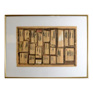 1969 Aragão Abstract Black & White Watercolor on Board Gilt Frame Stick Figures