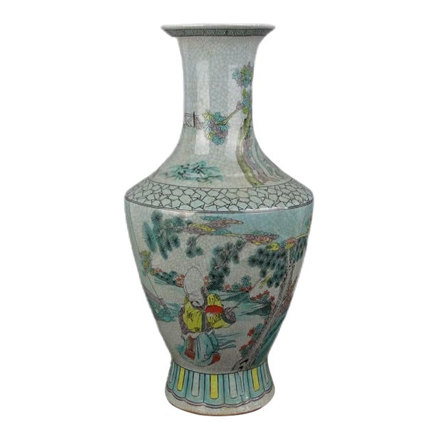 Chinese Vintage Porcelain Vase Qing Dynasty Qianlong Marked Crackle Glaze Famille Verte Porcelain Vase Hand Painted Figures Pattern For Sale