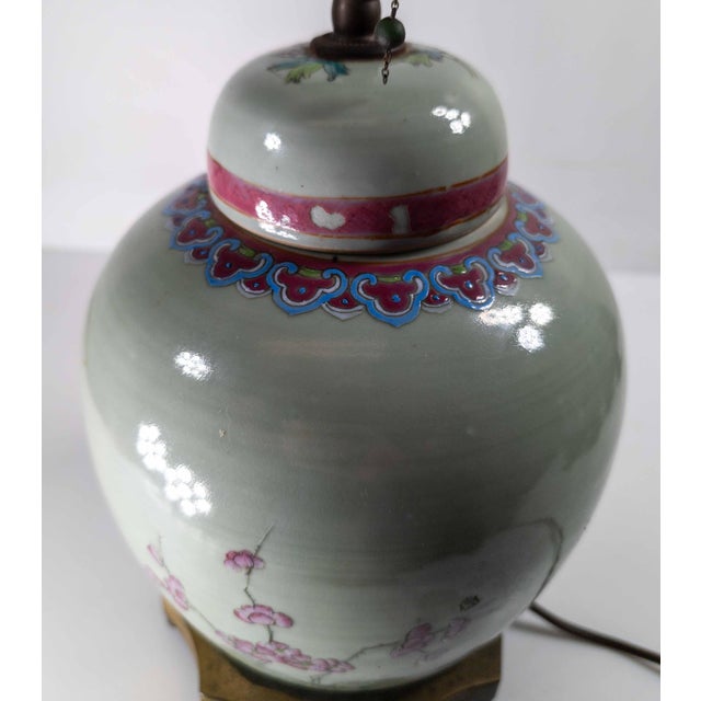 19th Century Chinese Celadon Green Floral Ginger Jar Table Lamp in Famille Rose Palette For Sale - Image 11 of 12