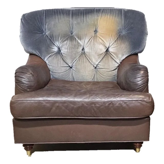 Late 20th Century Baker Brown Leather & Blue Suede Club Armchair For Sale