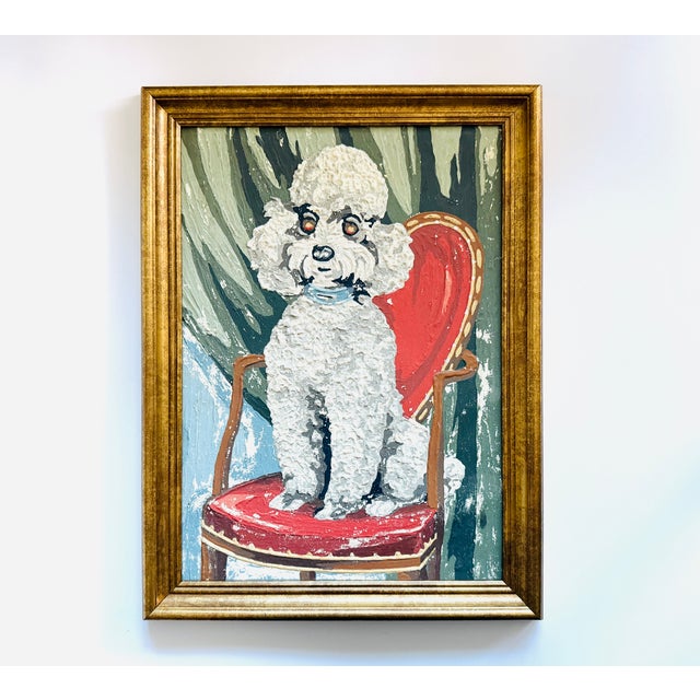 1970s Seated White Poodle on Red Chair Gouache Framed Oil on Paper For Sale - Image 5 of 8