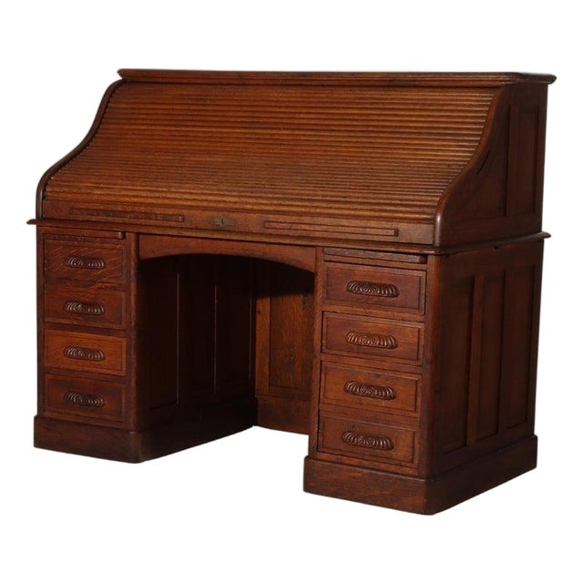 Antique Oak S-Roll Top Desk With Full Interior Unsigned C1900 For Sale