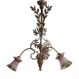 Art Nouveau Chandelier with Decorated Brass Frame and Three Original Colored Glass Shades, 1890s For Sale