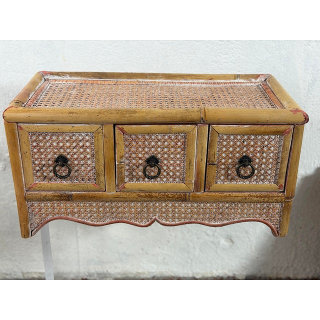 Tan Vintage Rattan Three Drawer Table Top Cabinet For Sale - Image 8 of 9