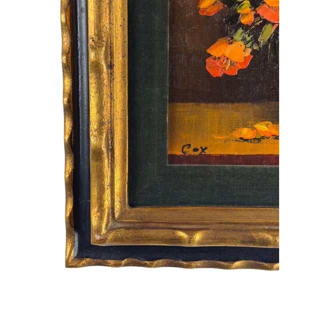Traditional Vintage Signed Floral Still Life Painting, Cox- Yellow and Orange Roses in Gold-Toned Frame For Sale - Image 3 of 12