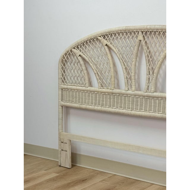 Wood Vintage White Wicker Arched Queen Headboard Coastal Boho Hollywood Regency For Sale - Image 7 of 12