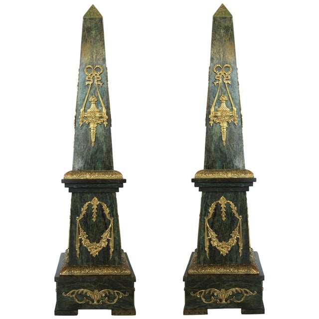 Dark Green Ormolu Mounted Marble Obelisks - Pair For Sale - Image 8 of 8