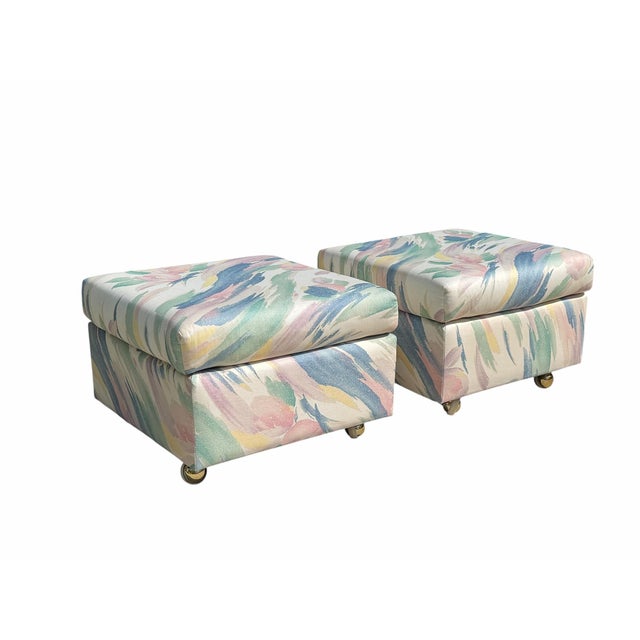 Bring a playful postmodern touch to any interior with this pair of upholstered cube ottomans featuring their original...