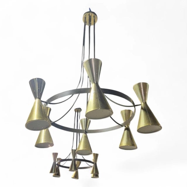 Mid-Century Modern Brass & Black Metal Chandelier With Sculptural Trumpet Shades For Sale In Chicago - Image 6 of 8
