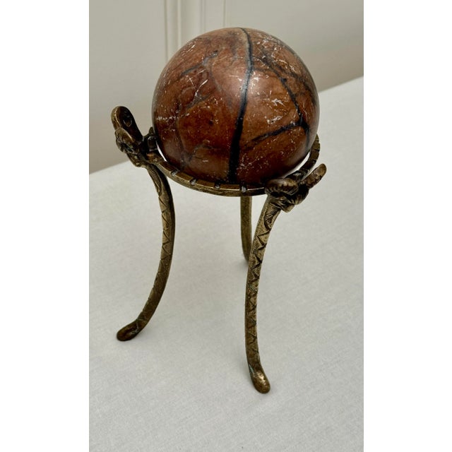 Classical Greek Marble Orb Sphere on Brass Ram’s Head Stand For Sale - Image 10 of 12