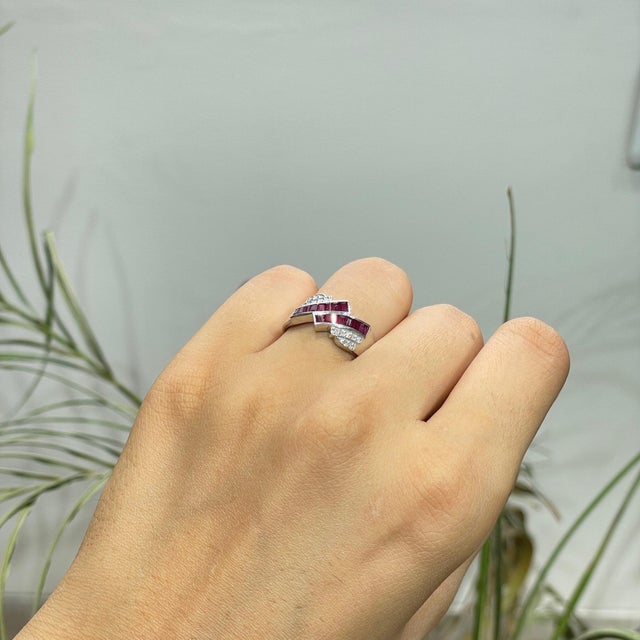 Ruby Red Art Deco Style Baguette Ruby & Diamond Statement Ring in 925 Silver Size 8 For Sale - Image 8 of 15
