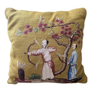 Late 20th Century Chinoiserie Archery Scene Needlepoint Pillow For Sale