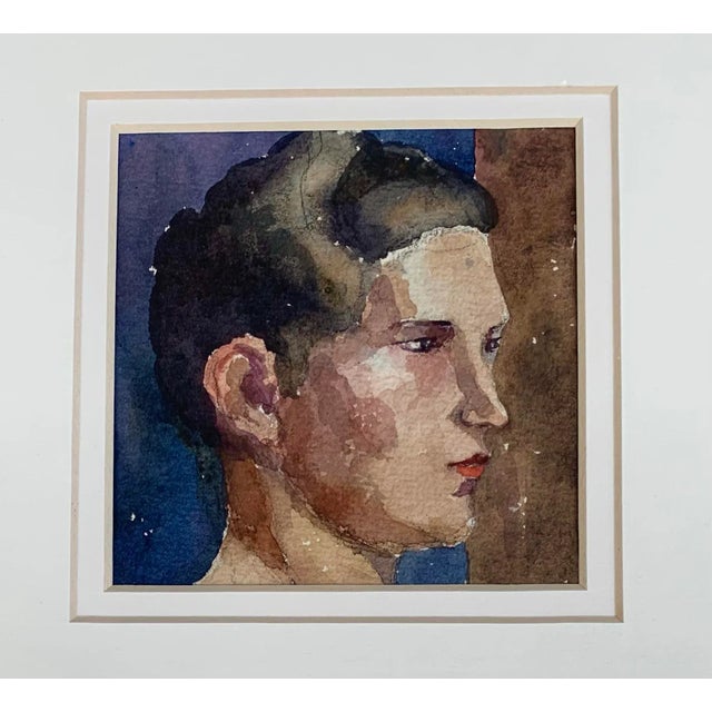 Petite vintage watercolor portrait painting of a woman in profile circa 1930-1940. Executed on heavy ivory art paper stock...