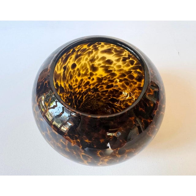 Large Tortoiseshell Art Glass Bowl Sphere Vase Amber Brown Hand Blown Decor For Sale - Image 4 of 9