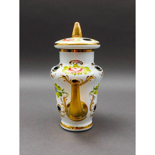 Mid-Century Modern Mid 20th Century Bohemian Czech White Cut to Green Cased Gold Gilt Hand Painted Floral Teapot For Sale - Image 3 of 10