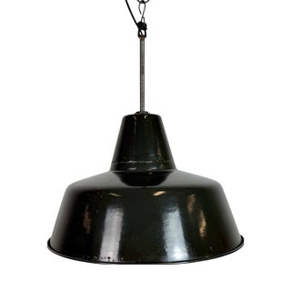 Industrial Black Enamel Factory Lamp with Iron Top, 1950s For Sale