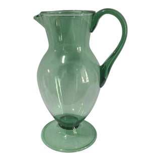 Vintage Italian Venetian Hand Blown Art Glass Pedestal Base Green Carafe Pitcher For Sale
