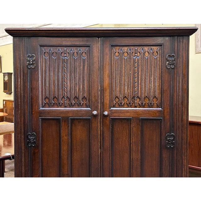 Quality Custom Solid Dark Oak Armoire Double Door c.1940's For Sale - Image 4 of 10