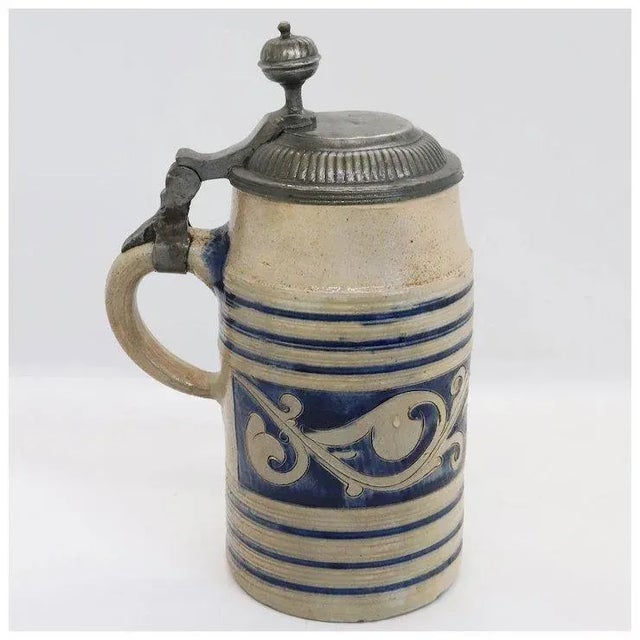 Mid 18th Century German Westerwald Pewter Mounted Stoneware Pottery Tankard For Sale - Image 5 of 11