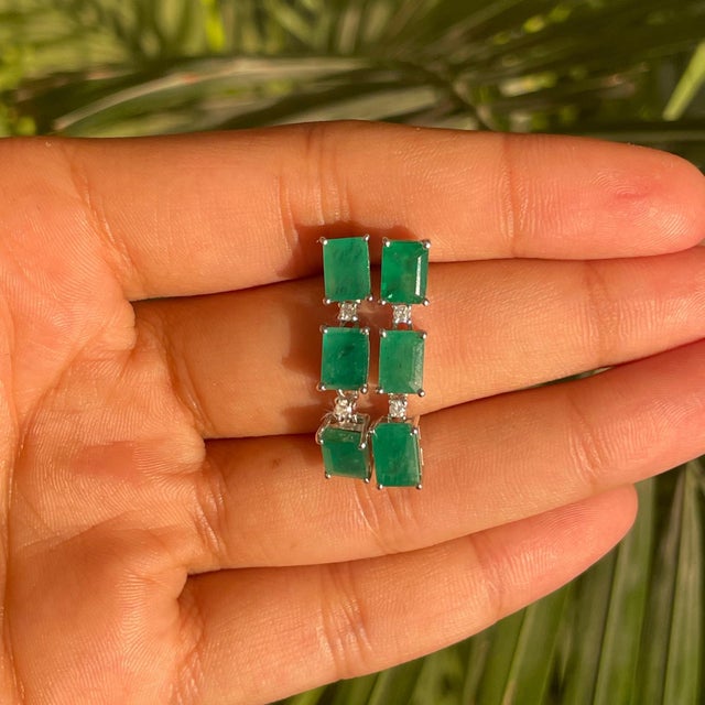 Art Deco Natural 6.32 Ct Octagon Emerald & Diamond Three Stone Dangle Earrings - 2 Pieces For Sale - Image 4 of 11