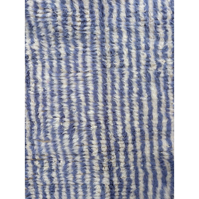 Mid-Century Modern Moroccan Beni Ouarain Rug Blue Striped Wool Carpet Handmade Berber Minimalist Modern Design For Sale - Image 3 of 4