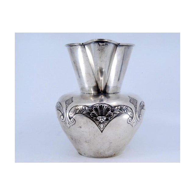 Metal Silver Wine Jug with Raised Plant Motifs and Angular Handle For Sale - Image 7 of 11