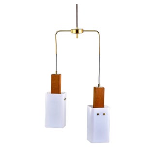 Mid Century Scandinavian Teak Brass and Glass Two Light Fixture For Sale