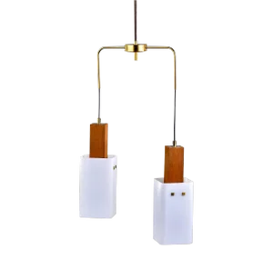 Mid Century Scandinavian Teak Brass and Glass Two Light Fixture
