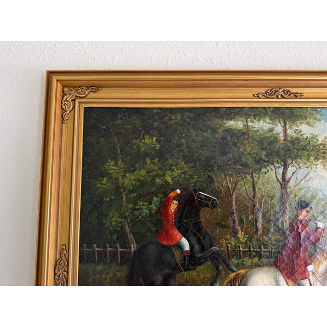 Green Large Vintage Oil Painting English Fox Hunt Horses Hounds Hunting Scene Art For Sale - Image 8 of 15