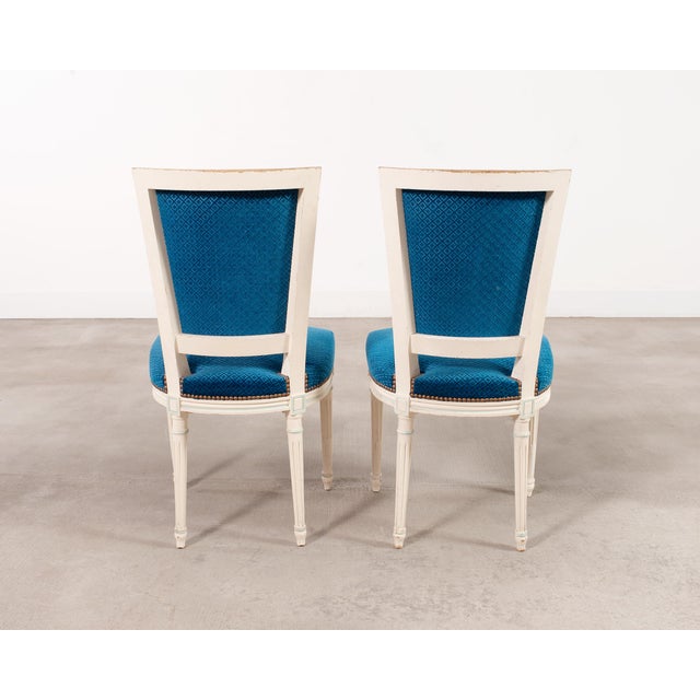 Set of Eight Louis XVI Style Painted Dining Chairs in Blue Velvet For Sale - Image 18 of 18
