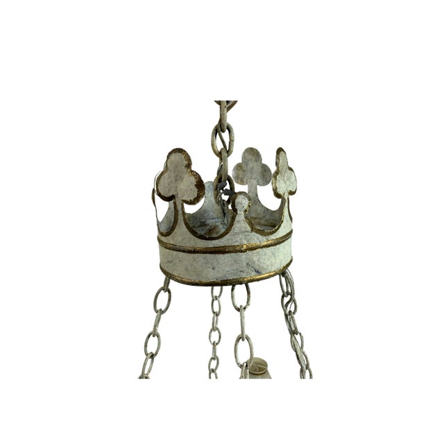 Very interesting, Arthurian/Camelot-inspired Vaughan white/gold painted metal chandelier. Original, painted, matching...