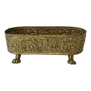 Vintage Oval Brass Planter With Embossed Design For Sale