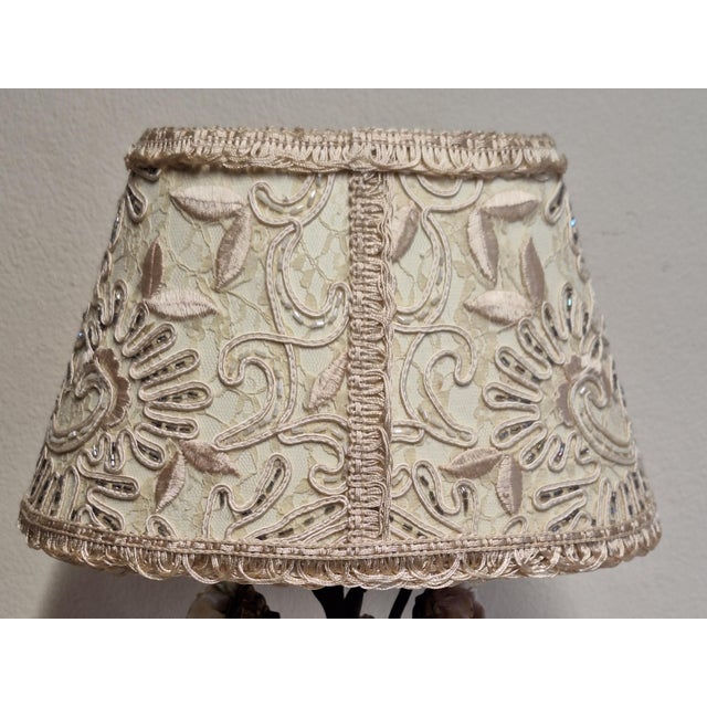 Art Deco French Table Lamp with Metal Frame, Porcelain Flowers, and Fabric Shade, 1930s For Sale - Image 9 of 11