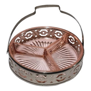 1930s Vintage Pink Depression Glass Divided Tray With Metal Handle for Hors D'oeuvres, Relish Dish or as a Candy Dish For Sale