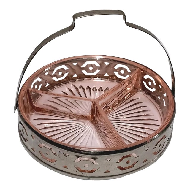 1930s Vintage Pink Depression Glass Divided Tray With Metal Handle for Hors D'oeuvres, Relish Dish or as a Candy Dish For Sale