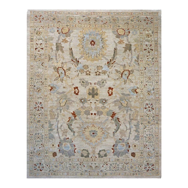 Persia Sultanabad Wool 8x10 Ivory, Tan, Green & Red Handmade Area Rug #1143039 For Sale