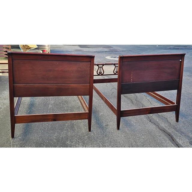 Pair Kindel Furniture Oxford Mahogany Lyre Twin Size Bedframes, Circa 1940s For Sale - Image 9 of 11