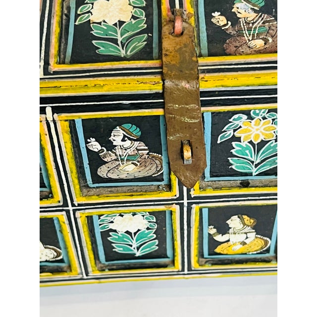 Printmaking Materials Antique Indian Moghul Dowry Chest Hand Carved Wood Trunk Jewelry Storage For Sale - Image 7 of 9