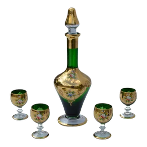 Mid 20th Century Bohemian Hand-Enameled Decanter & Glasses - 5 Pieces